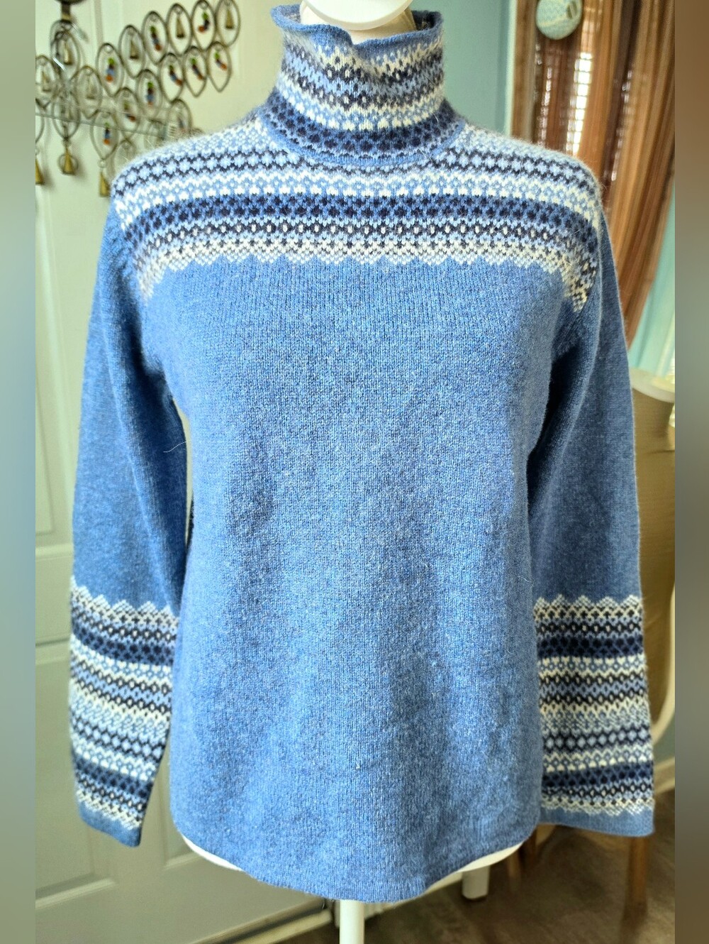 Vintage Wool & Angora Nordic Fair Isle MockNeck Sweater Womens S Light Blue Crea